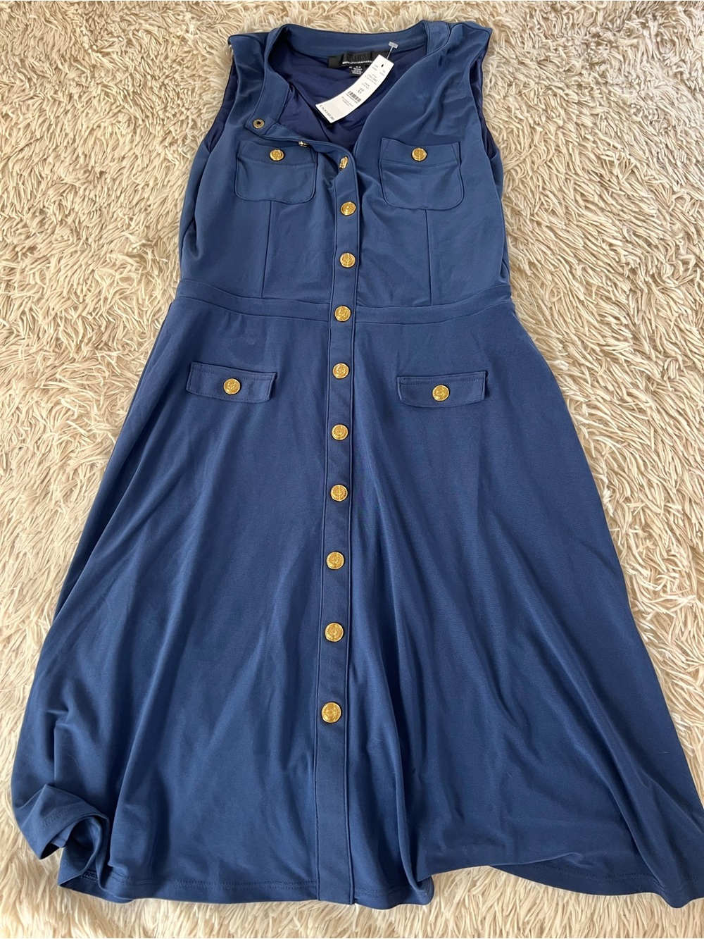 Sleeveless Navy Button-Front Dress with Gold Accents